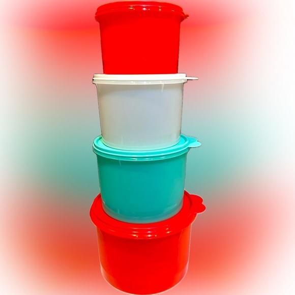 TUPPERWARE CLASSIC ROUND CANISTERS RED TURQUOISE WHITE FOOD STORAGE STACKABLE - Picture 1 of 11